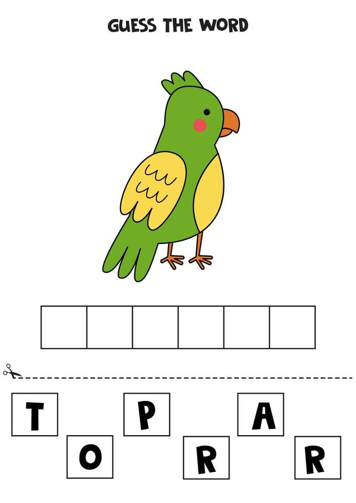 spelling spel voor kinderen. tekenfilm schattig papegaai. vector