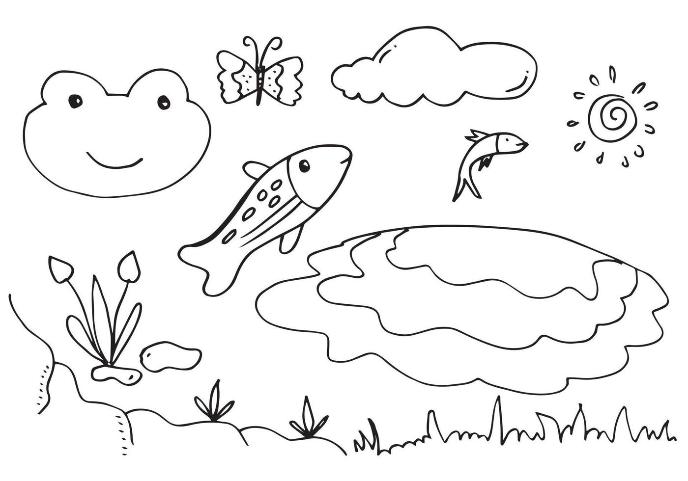 reeks schattig hand- getrokken doodles Leuk vinden kikker, vis, vlinder, wolk, water, gras, bloem en zon vector