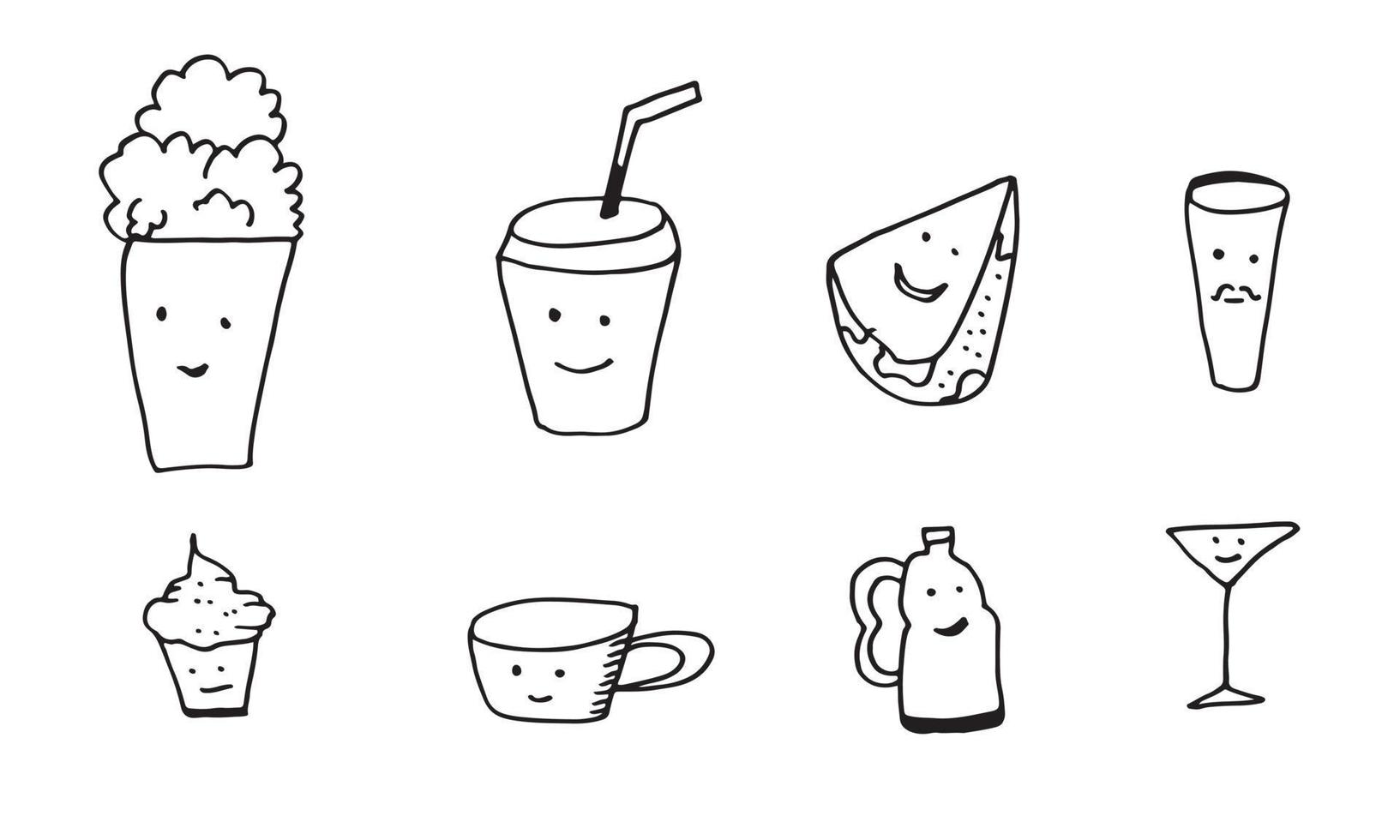 Kawai drankjes en voedsel tekening vector grafiek illustratie voor kinderen kleur boek