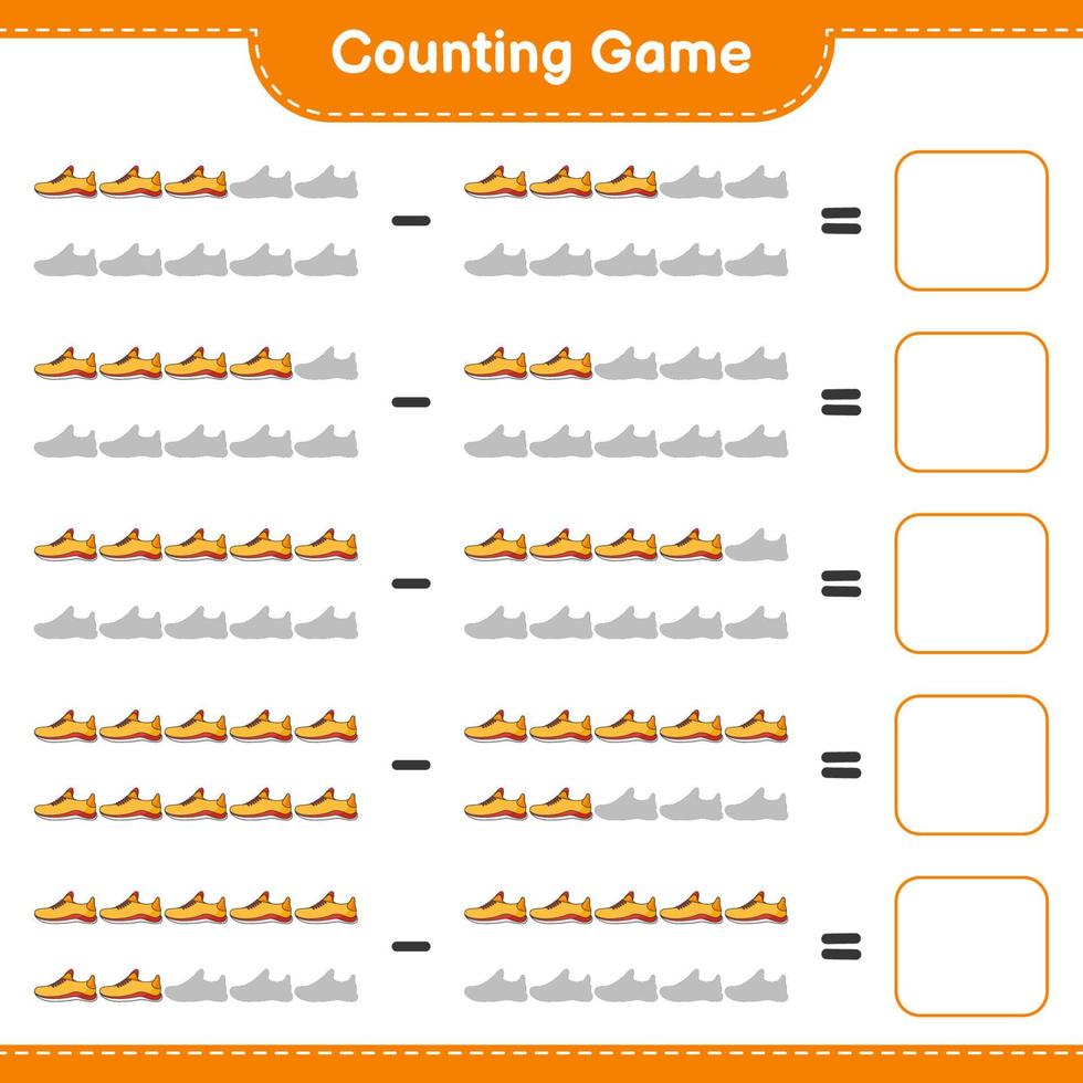 tel en match, tel het aantal hardloopschoenen en match met de juiste nummers. educatief kinderspel, afdrukbaar werkblad, vectorillustratie vector