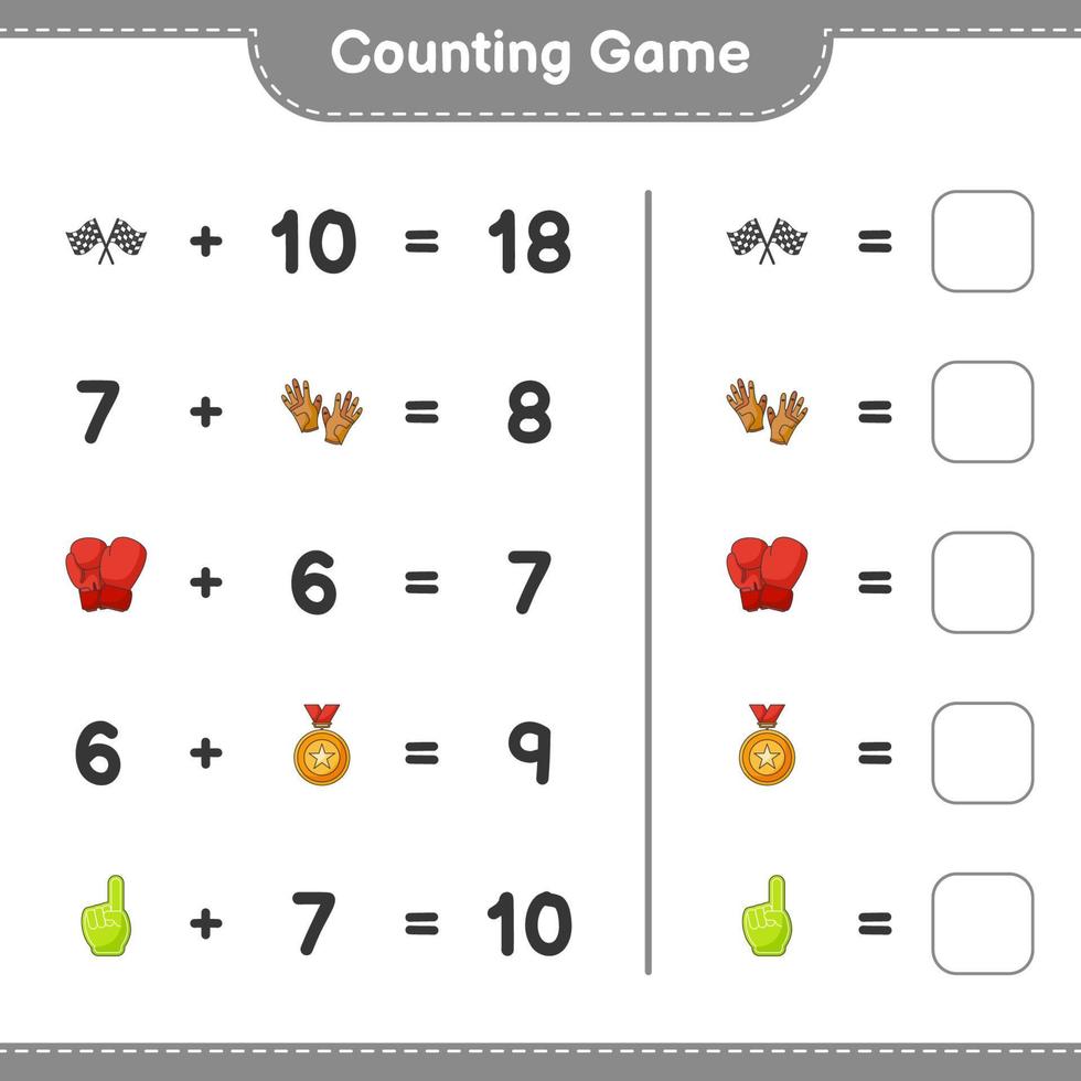 tellen en wedstrijd, tellen de aantal van schuim vinger, trofee, racing vlaggen, boksen handschoenen, golf handschoenen en bij elkaar passen met de Rechtsaf nummers. leerzaam kinderen spel, afdrukbare werkblad, vector illustratie