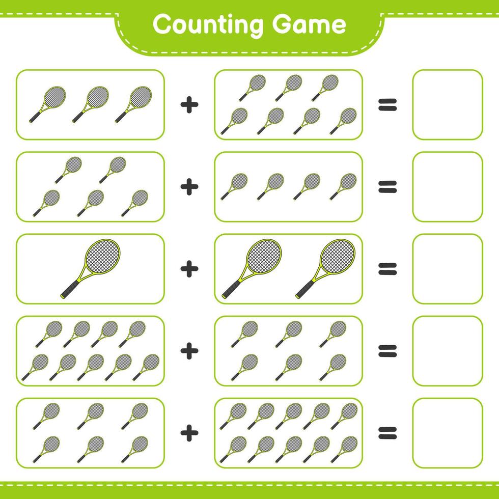 tel en match, tel het aantal tennisrackets en match met de juiste nummers. educatief kinderspel, afdrukbaar werkblad, vectorillustratie vector