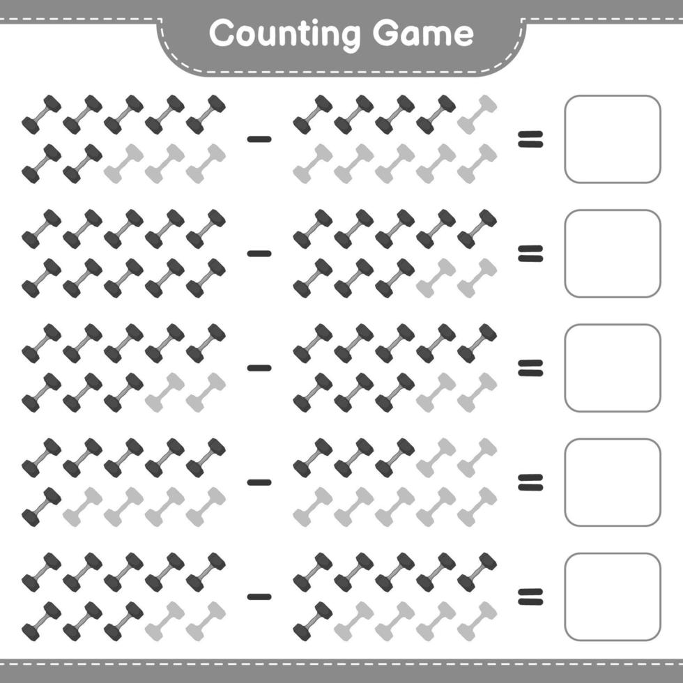 tel en match, tel het aantal dumbbells en match met de juiste nummers. educatief kinderspel, afdrukbaar werkblad, vectorillustratie vector