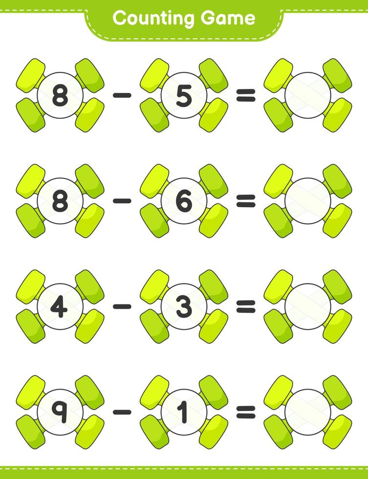 tel en match, tel het aantal dumbbells en match met de juiste nummers. educatief kinderspel, afdrukbaar werkblad, vectorillustratie vector