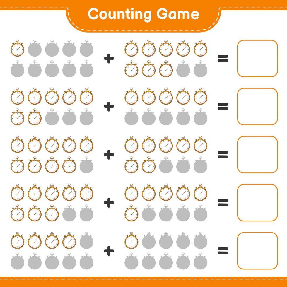 tel en match, tel het aantal stopwatch en match met de juiste nummers. educatief kinderspel, afdrukbaar werkblad, vectorillustratie vector