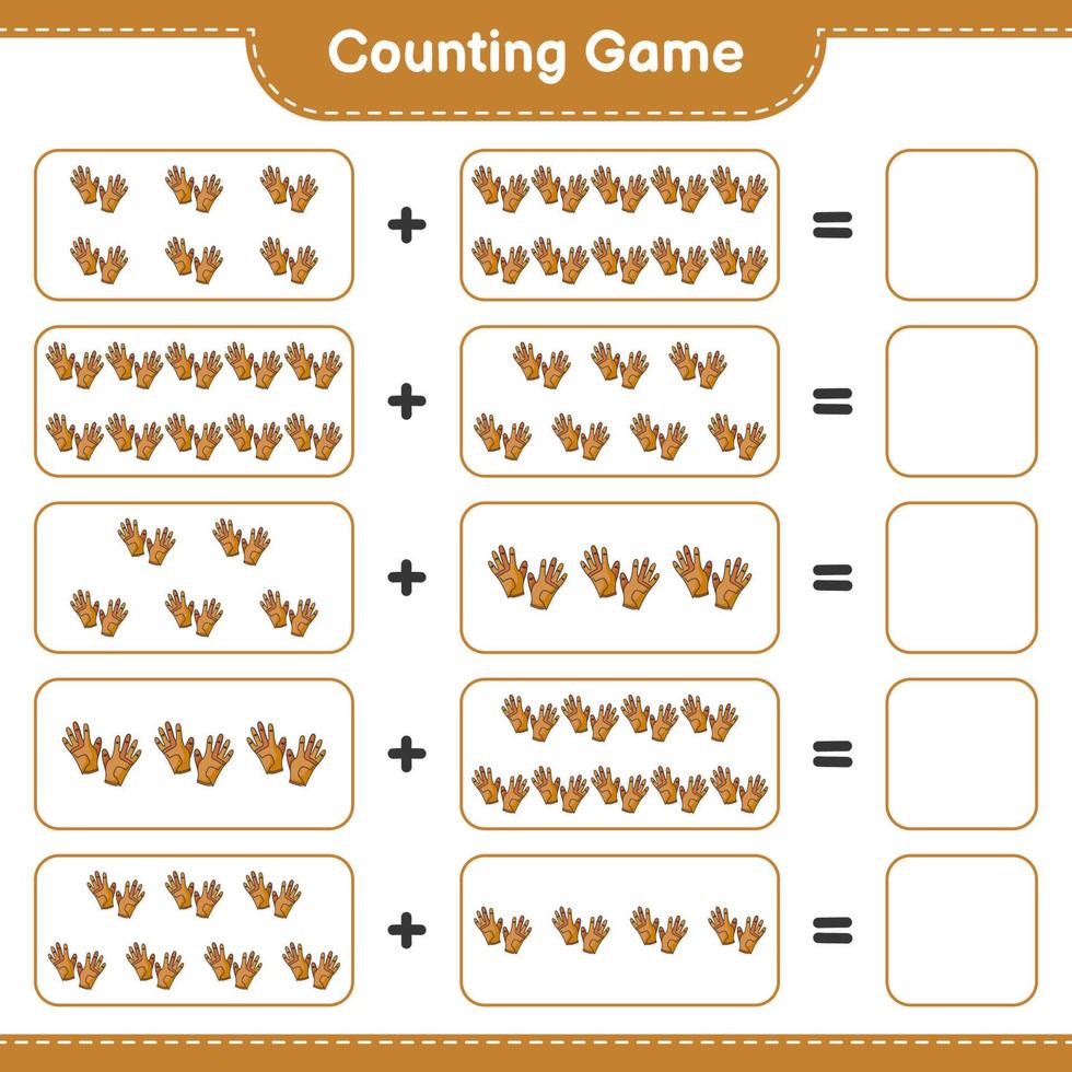 tel en match, tel het aantal golfhandschoenen en match met de juiste nummers. educatief kinderspel, afdrukbaar werkblad, vectorillustratie vector