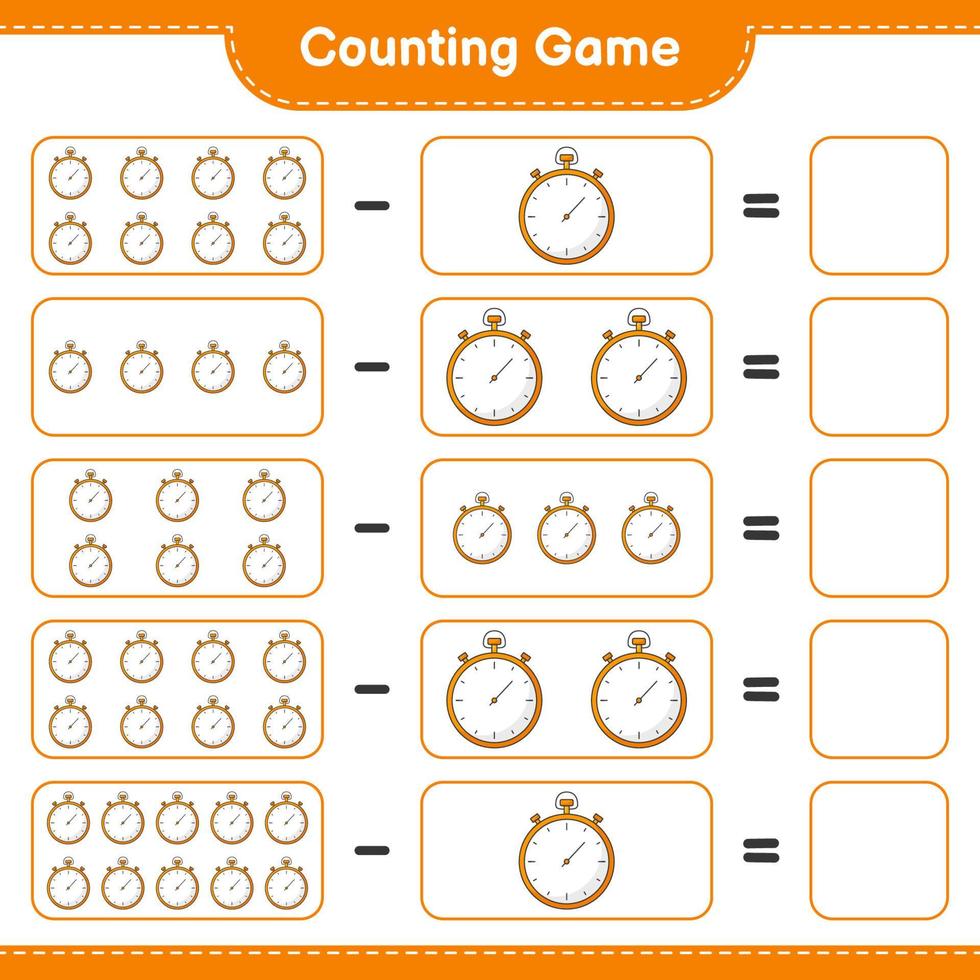 tel en match, tel het aantal stopwatch en match met de juiste nummers. educatief kinderspel, afdrukbaar werkblad, vectorillustratie vector