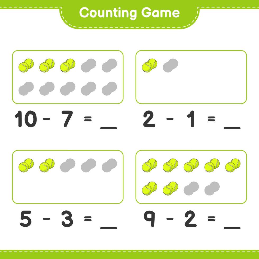 tel en match, tel het aantal tennisballen en match met de juiste nummers. educatief kinderspel, afdrukbaar werkblad, vectorillustratie vector