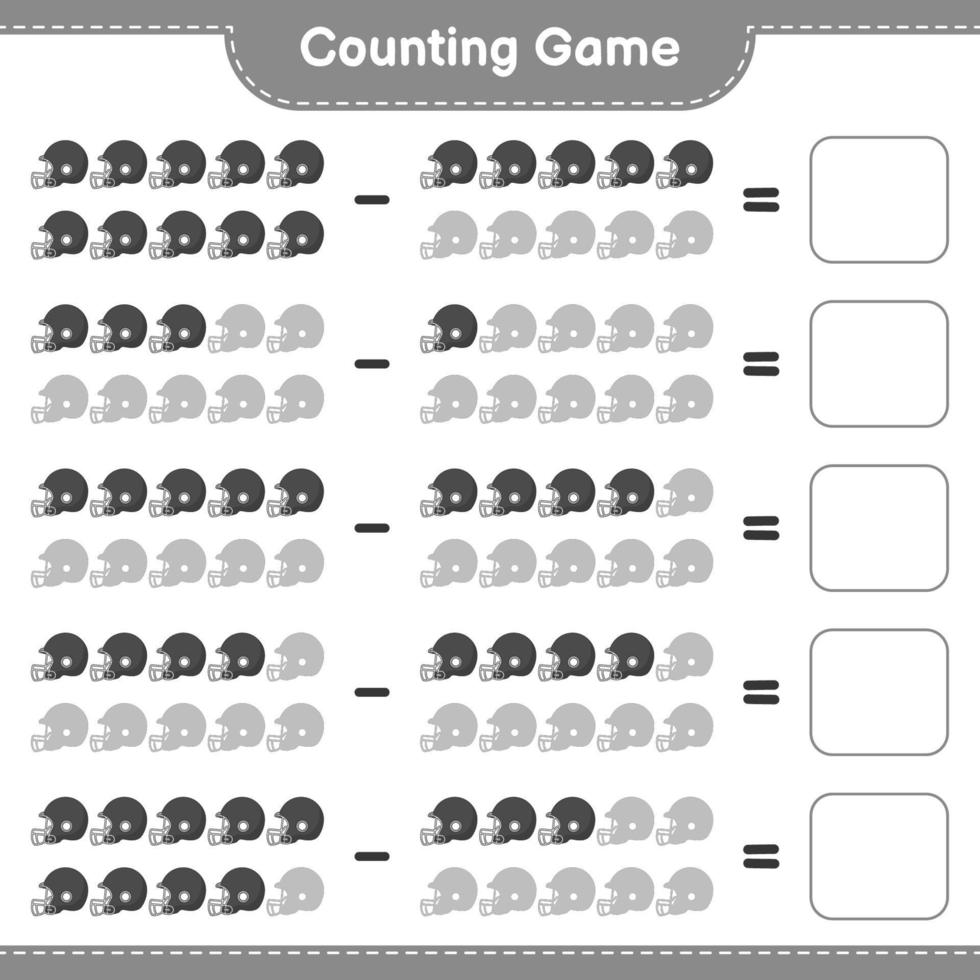 tel en match, tel het aantal voetbalhelmen en match met de juiste nummers. educatief kinderspel, afdrukbaar werkblad, vectorillustratie vector