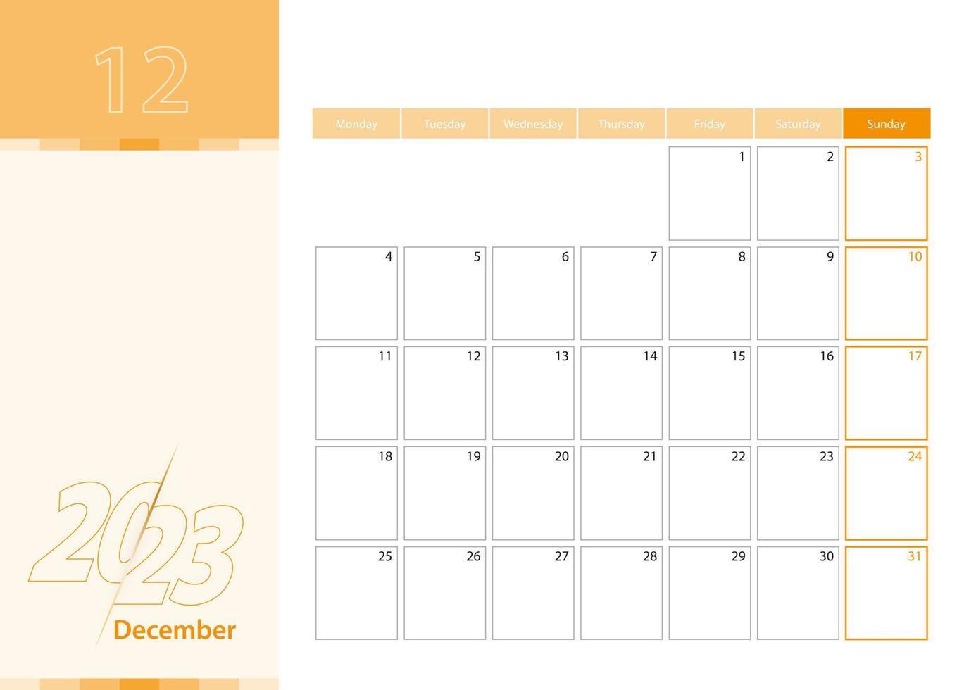 horizontaal ontwerper voor december 2023 in de oranje kleur regeling. de week begint Aan maandag. een muur kalender in een minimalistische stijl. vector