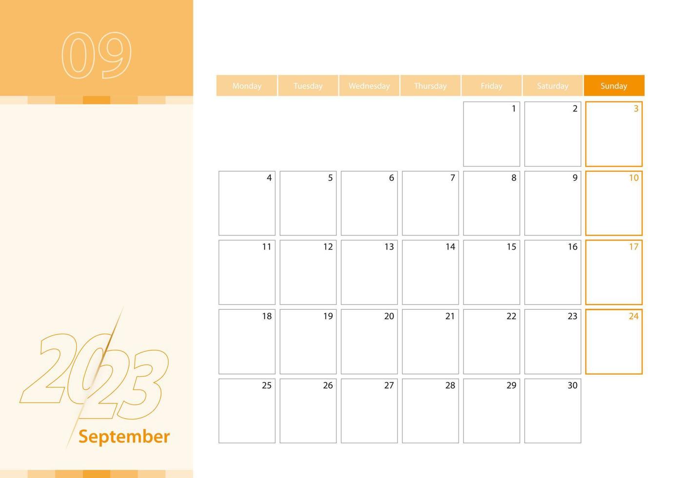 horizontaal ontwerper voor september 2023 in de oranje kleur regeling. de week begint Aan maandag. een muur kalender in een minimalistische stijl. vector