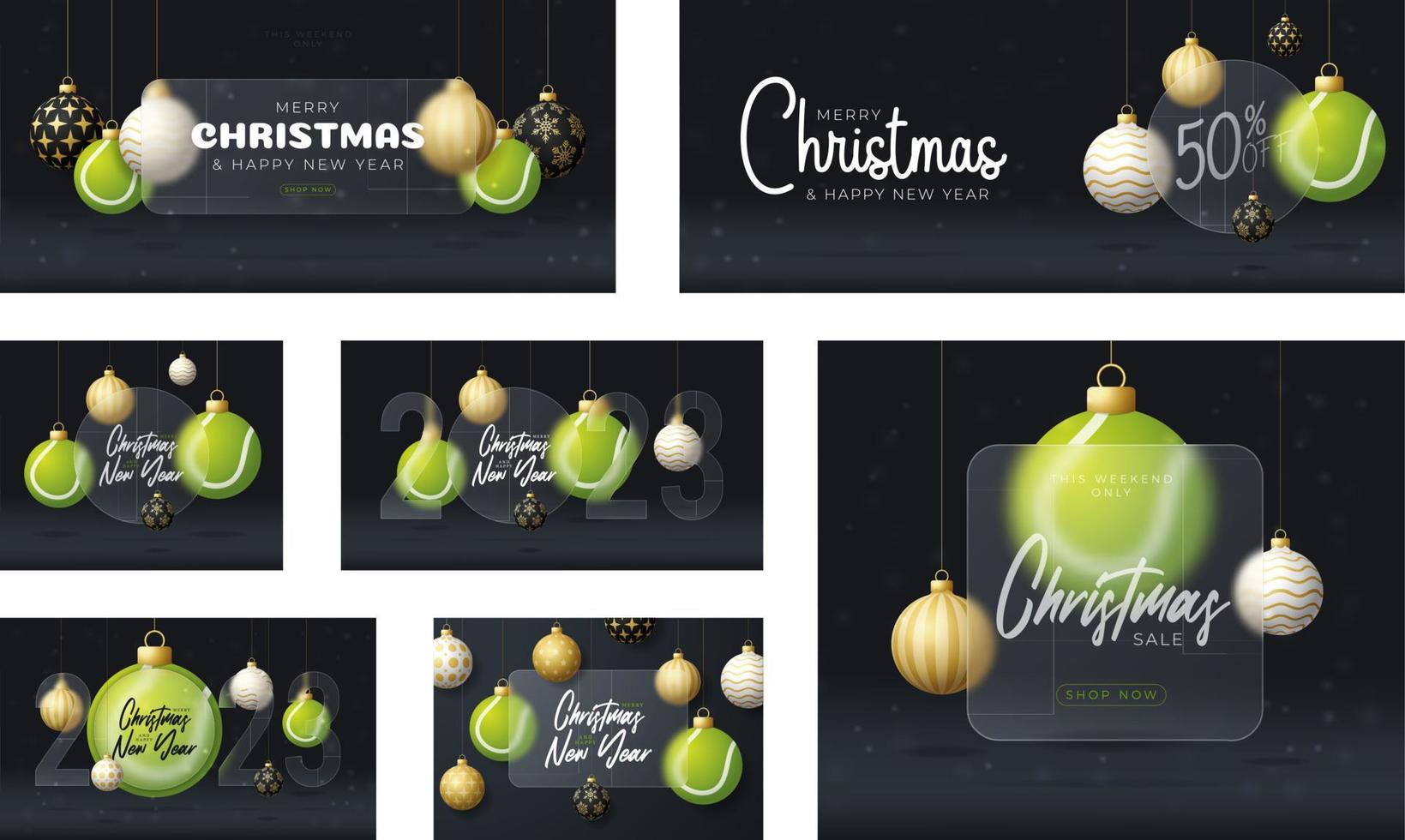 tennis Kerstmis uitverkoop banier of groet kaart set. vrolijk Kerstmis en gelukkig nieuw jaar sport banier met glasmorfisme of glas-morfisme vervagen effect. realistisch vector illustratie