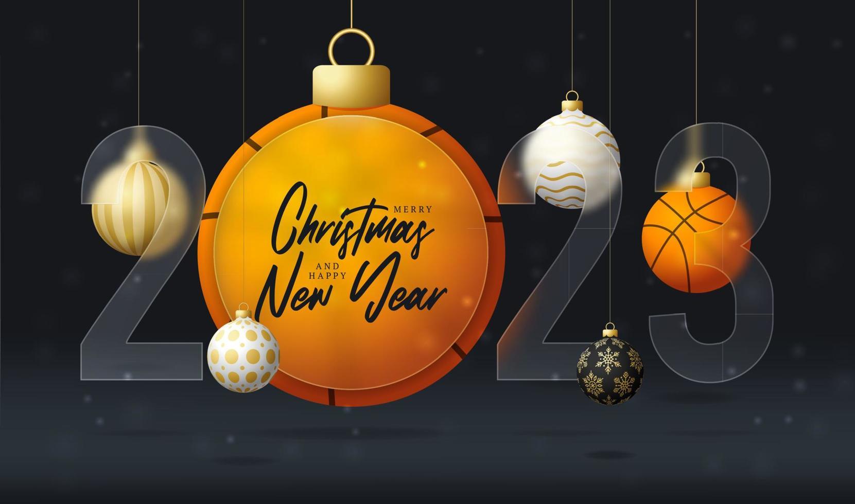 basketbal 2023 uitverkoop banier of groet kaart. vrolijk Kerstmis en gelukkig nieuw jaar 2023 sport banier met glasmorfisme of glas-morfisme vervagen effect. realistisch vector illustratie