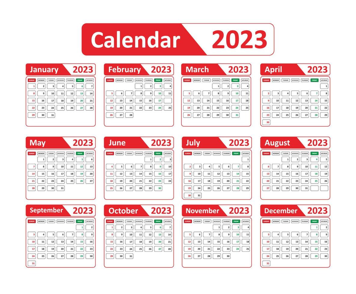 modern 2023 nieuw jaar kalender ontwerp sjabloon met rood kleurenafdruk vector