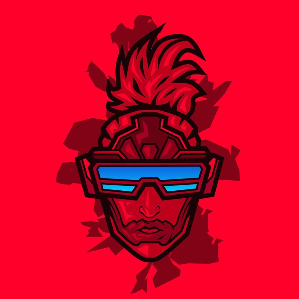 samurai hoofd cyberpunk logo vector fictie kleurrijk ontwerp illustratie met rood achtergrond.