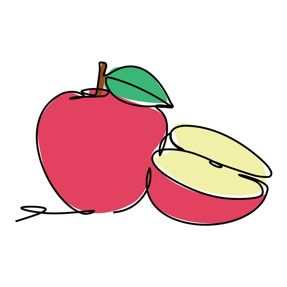 gemakkelijk kleur doorlopend een lijn tekening van een een een voor de helft appel fruit. hand- getrokken stijl ontwerp voor landbouw en gezond leven concept - vector illustratie