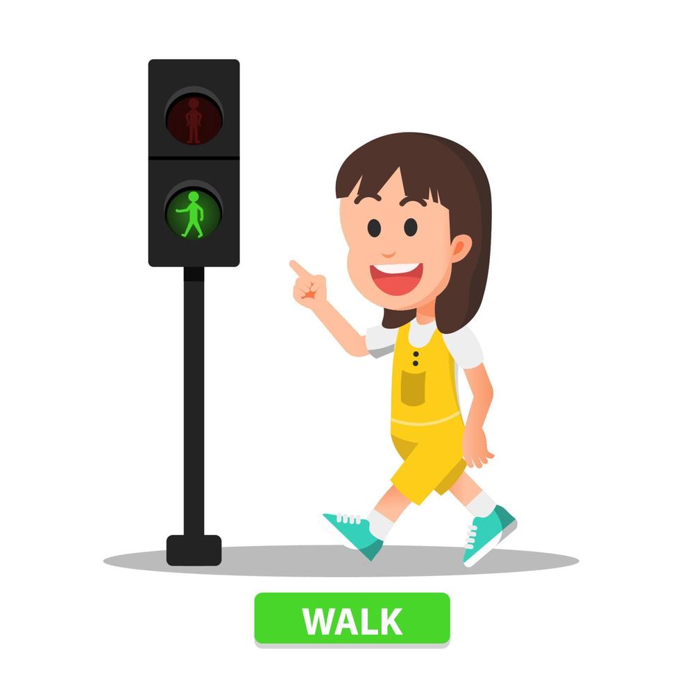 weinig meisje wandelingen volgens naar de voetganger licht indicator vector