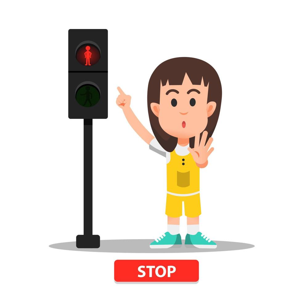 weinig meisje met een hou op hand- gebaar volgens naar de voetganger kruispunt licht indicator vector