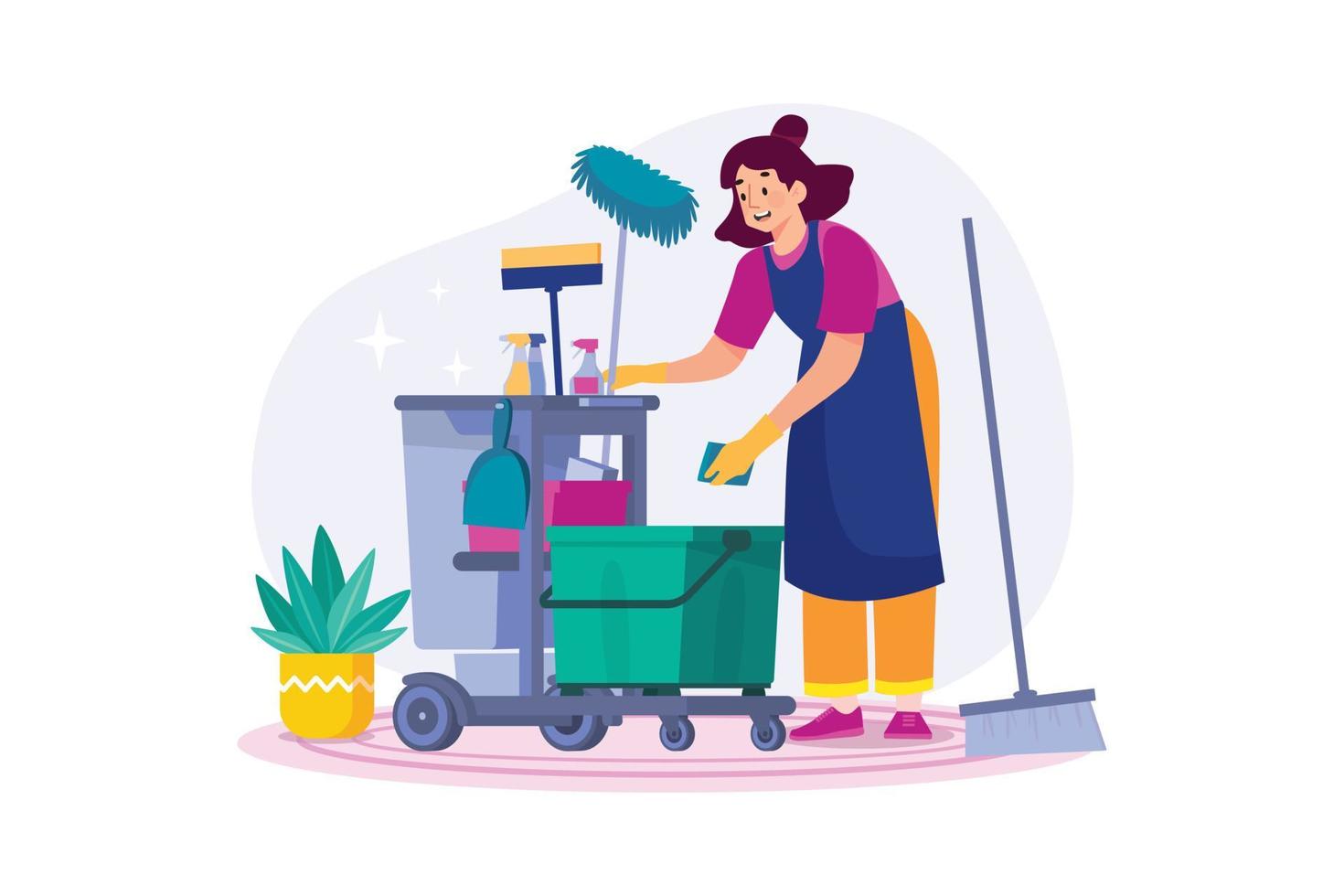 vrouw schoonmaak arbeider met schoonmaak uitrusting vector