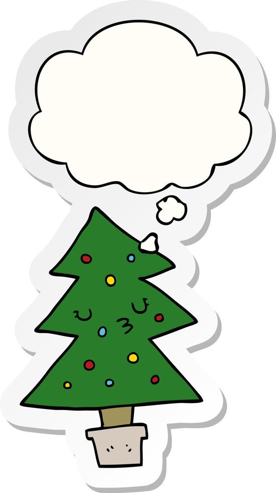 cartoon kerstboom en gedachte bel als een gedrukte sticker vector