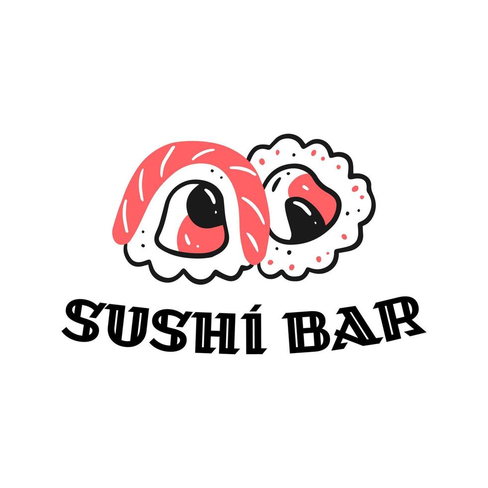 twee sushi broodjes met de opschrift sushi bar. concept logo van sushi bar, Aziatisch snel voedsel. vector geïsoleerd Japans voedsel illustratie.