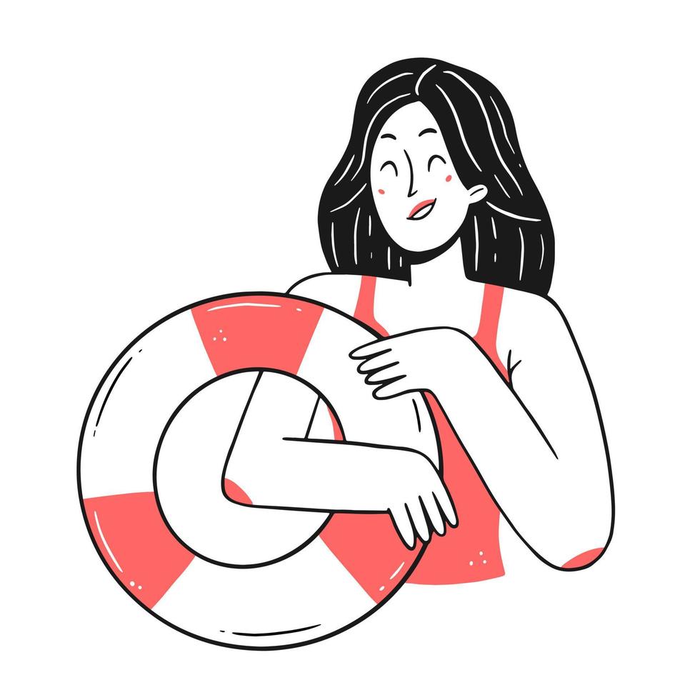 een gelukkig meisje met een rubber ring in haar handen. de karakter vrouw in een lineair tekening stijl. vector illustratie.