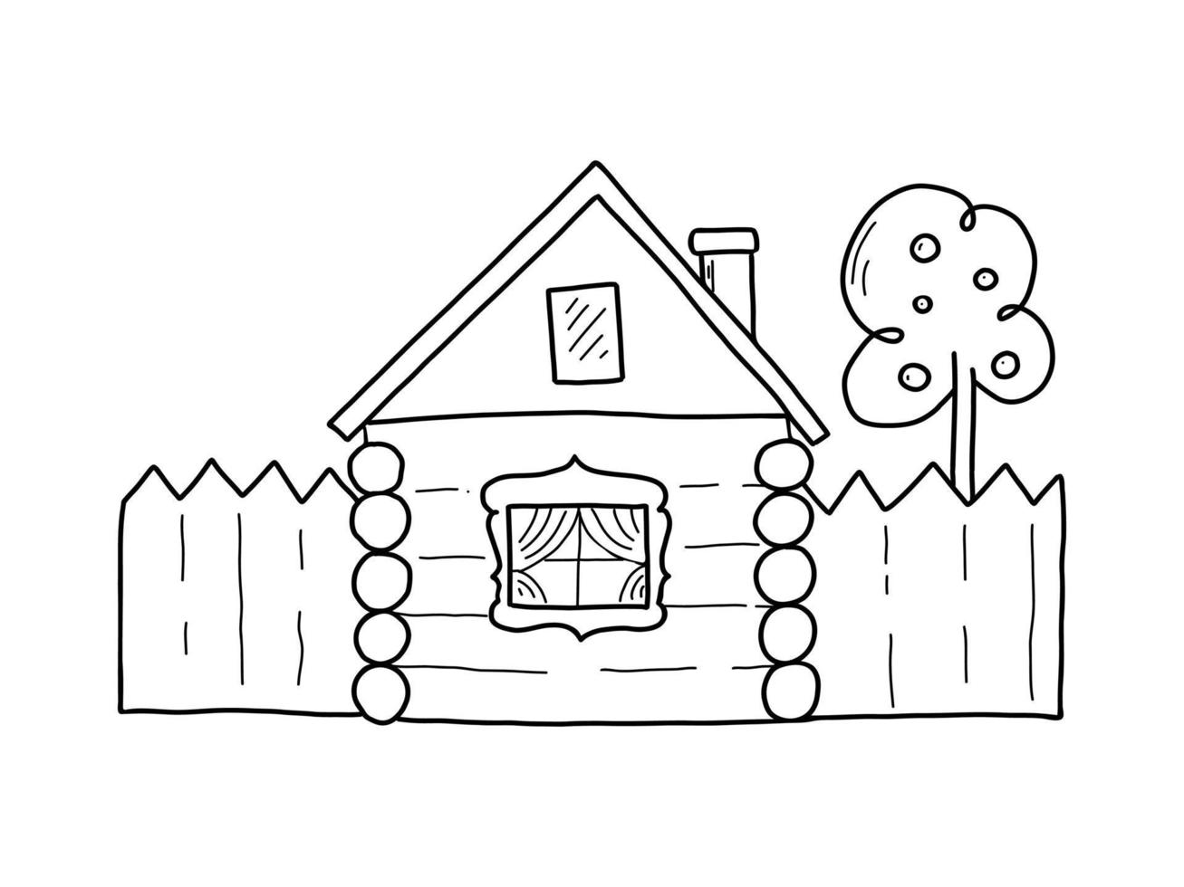 rustiek log huis met hek en appel boom. vector illustratie in de stijl van gemakkelijk krabbels.