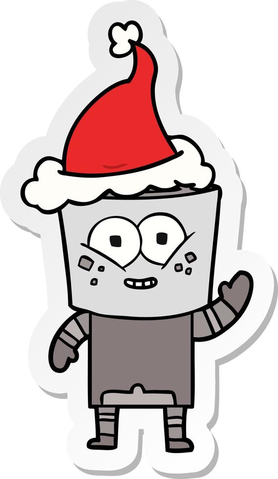 vrolijke sticker cartoon van een robot die hallo zwaait met een kerstmuts vector
