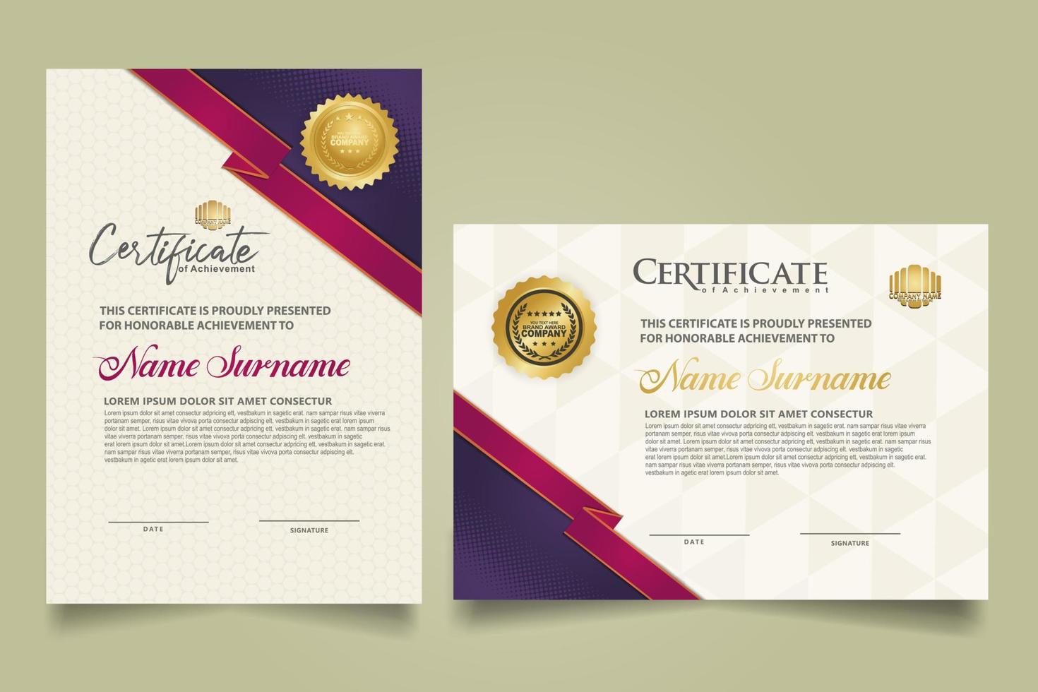 reeks certificaat sjabloon met lint strepen ornament en modern structuur patroon achtergrond. diploma. vector illustratie