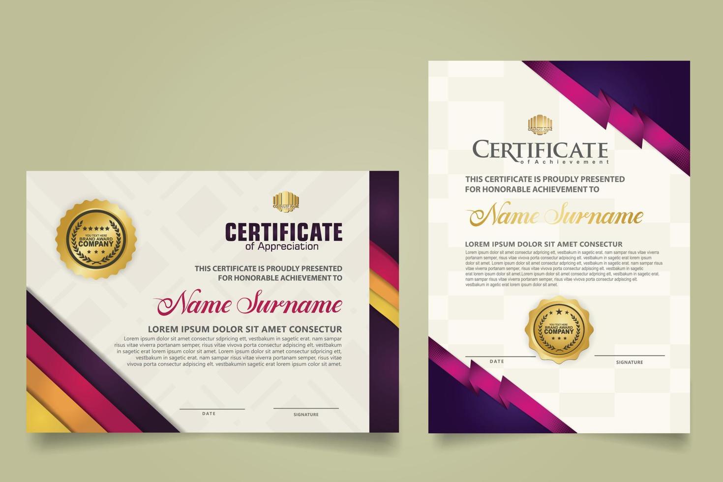 reeks certificaat sjabloon met strepen ornament en modern structuur patroon achtergrond. diploma. vector illustratie