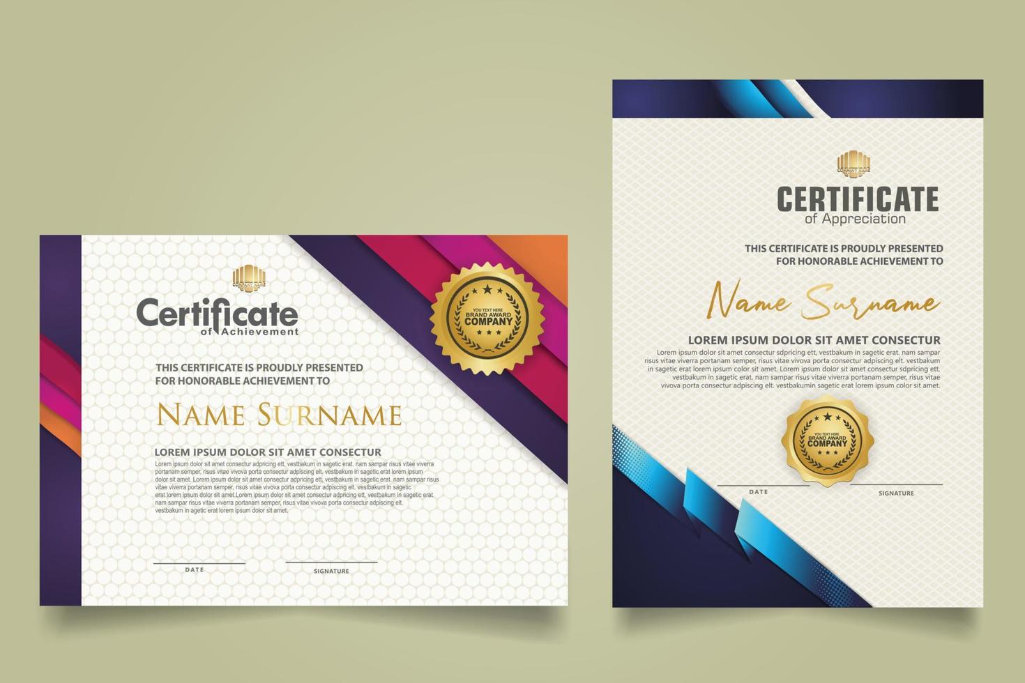 reeks certificaat sjabloon met lint strepen ornament en modern structuur patroon achtergrond. diploma. vector illustratie