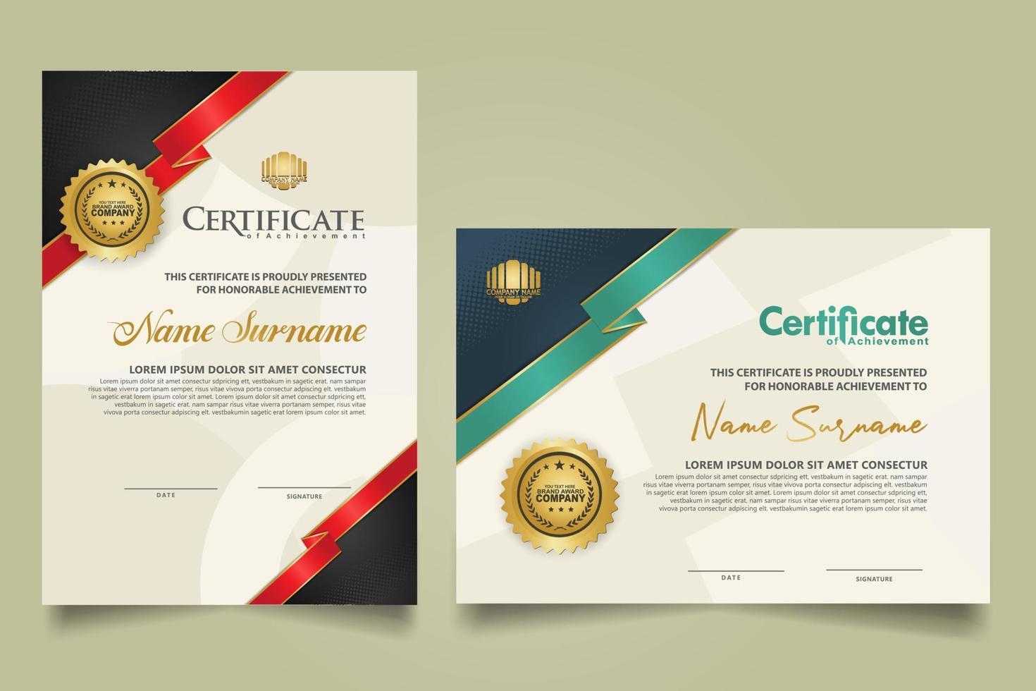 reeks certificaat sjabloon met lint strepen ornament en modern structuur patroon achtergrond. diploma. vector illustratie