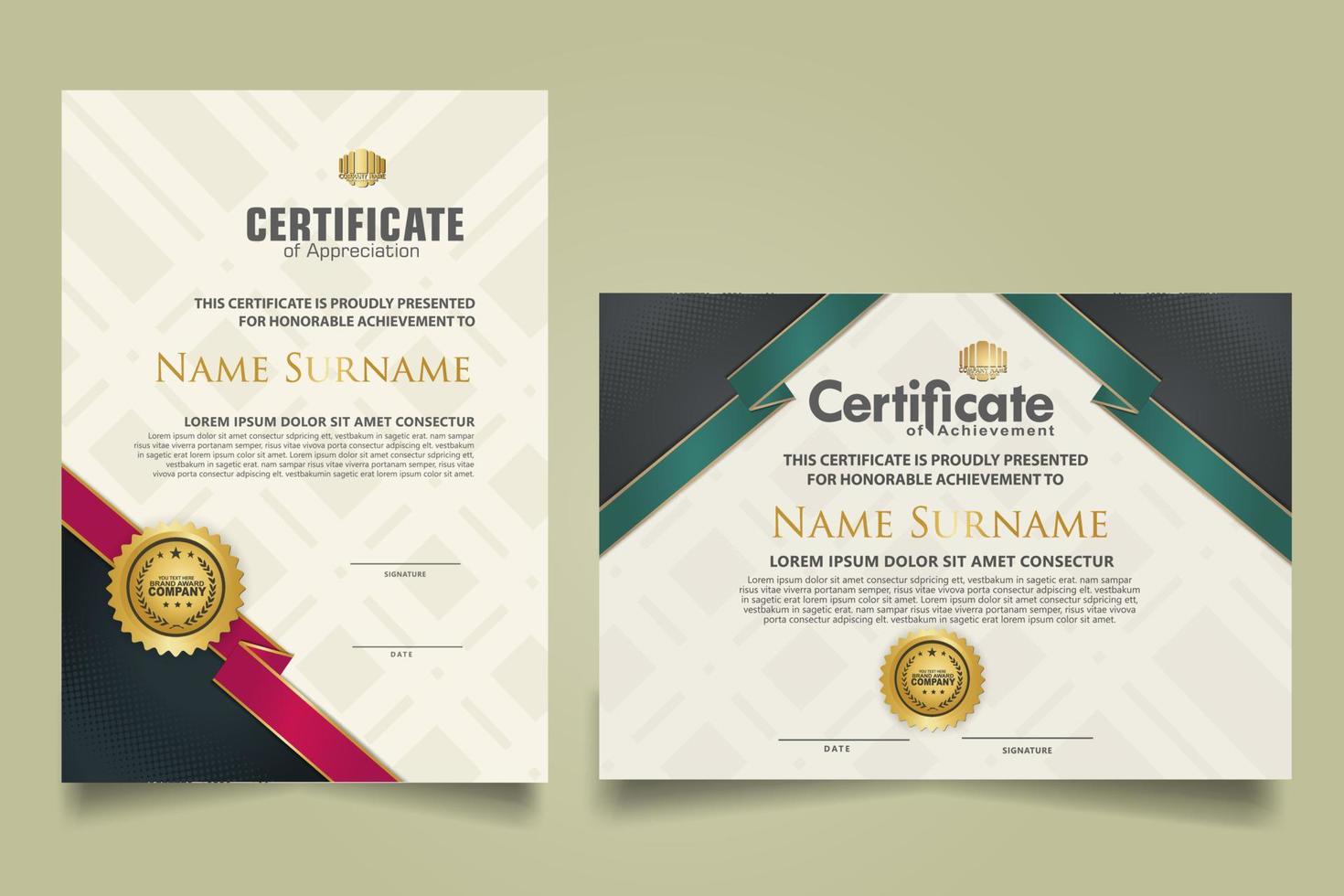 reeks certificaat sjabloon met lint strepen ornament en modern structuur patroon achtergrond. diploma. vector illustratie