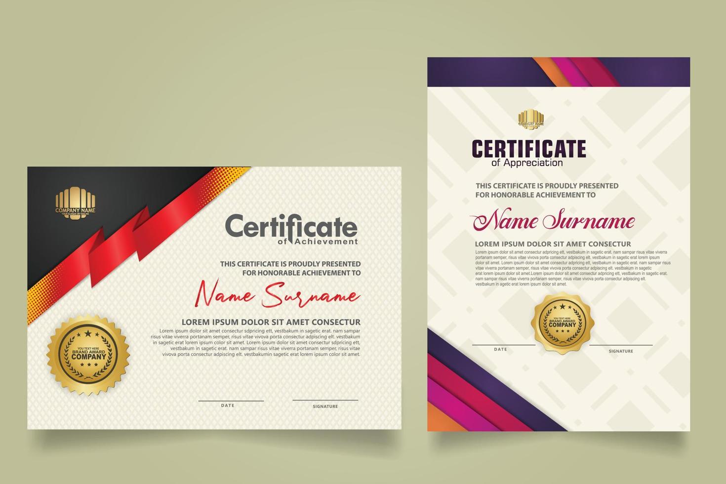 reeks certificaat sjabloon met lint strepen ornament en modern structuur patroon achtergrond. diploma. vector illustratie