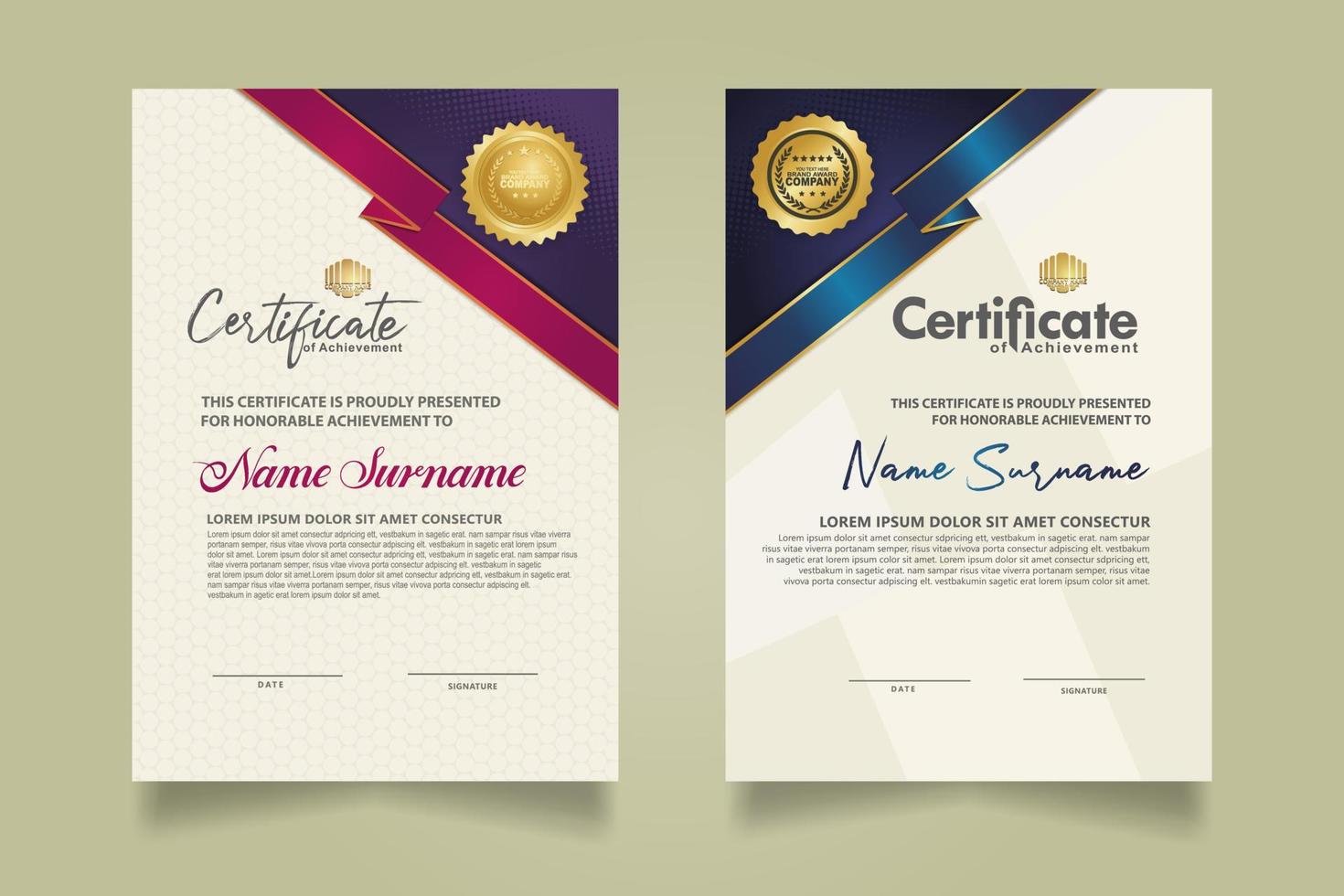 reeks certificaat sjabloon met lint strepen ornament en modern structuur patroon achtergrond. diploma. vector illustratie