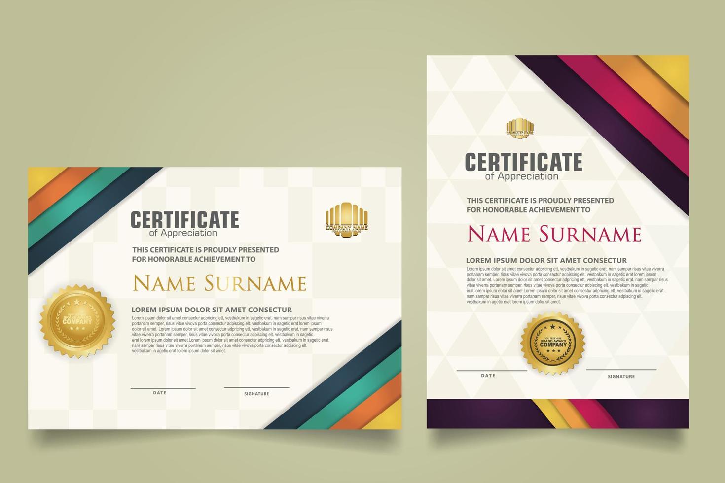 reeks certificaat sjabloon met strepen ornament en modern structuur patroon achtergrond. diploma. vector illustratie