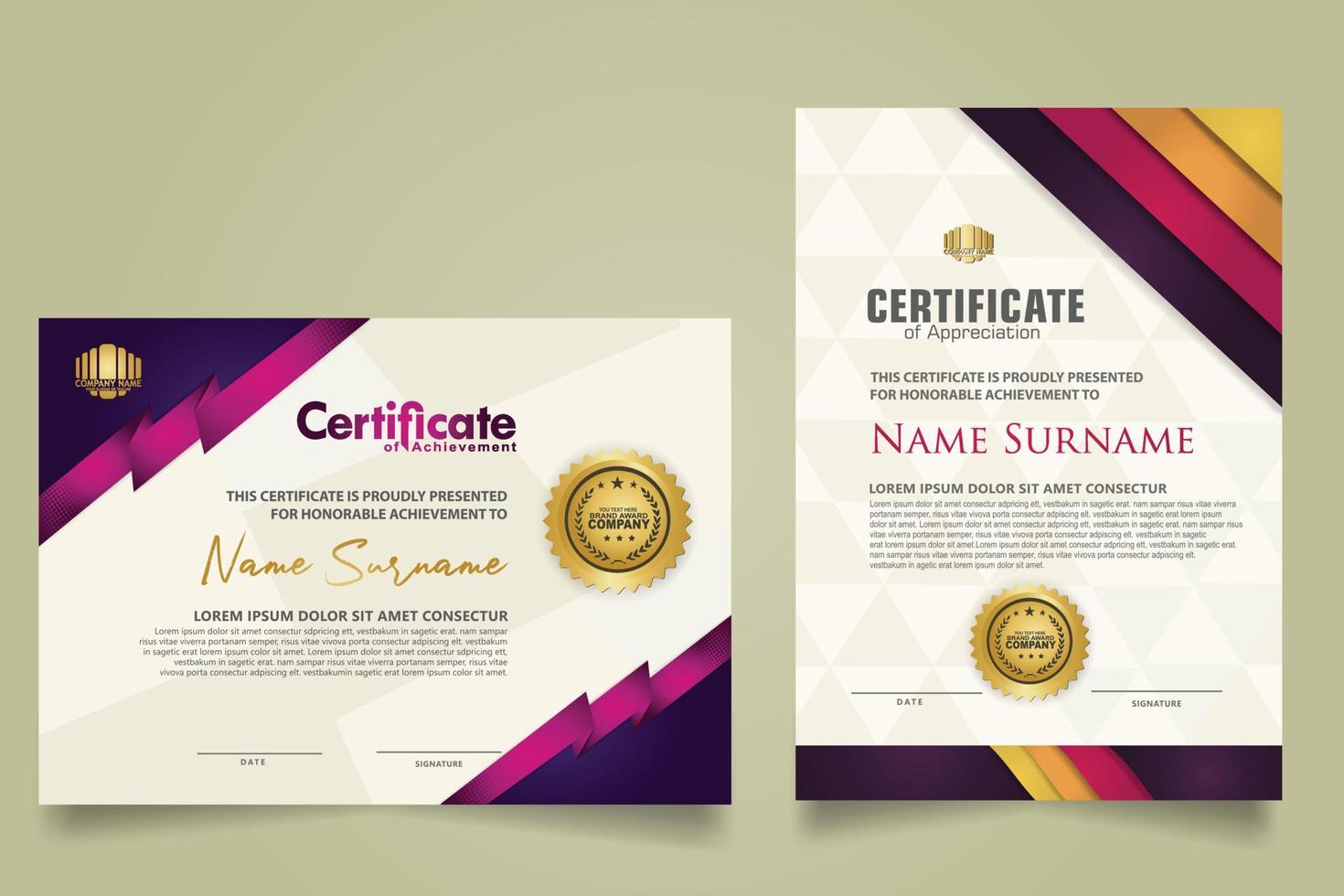 reeks certificaat sjabloon met strepen ornament en modern structuur patroon achtergrond. diploma. vector illustratie