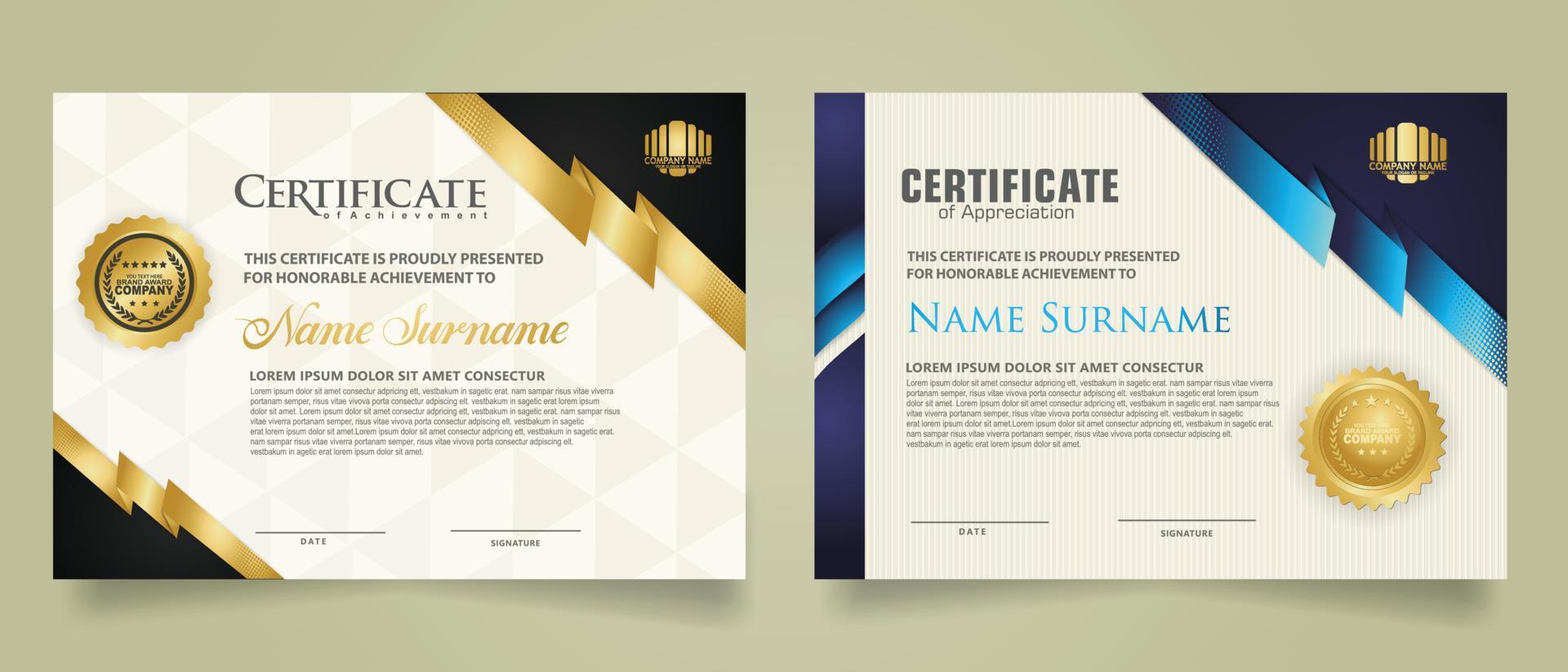 reeks certificaat sjabloon met lint strepen ornament en modern structuur patroon achtergrond. diploma. vector illustratie