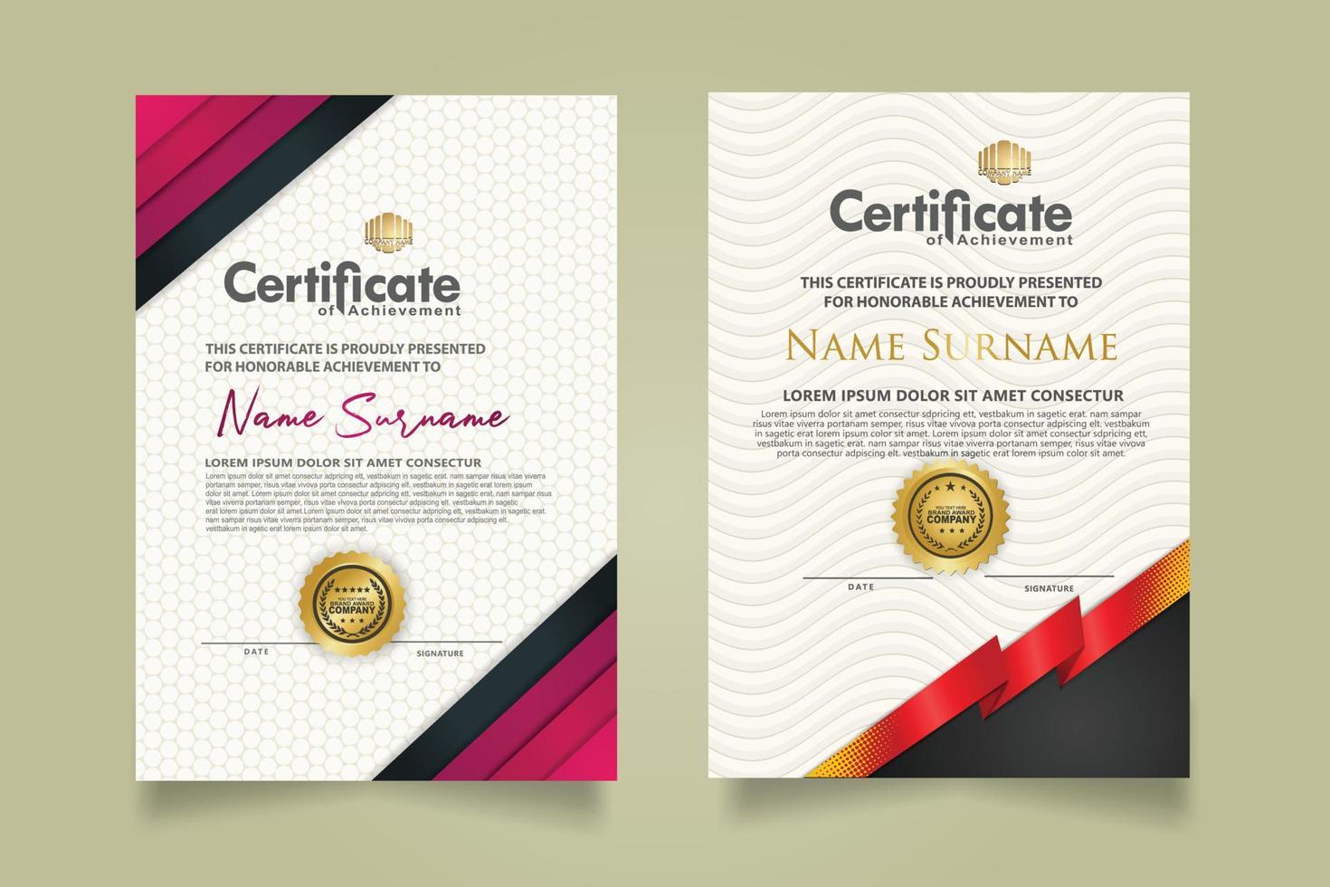 reeks certificaat sjabloon met lint strepen ornament en modern structuur patroon achtergrond. diploma. vector illustratie