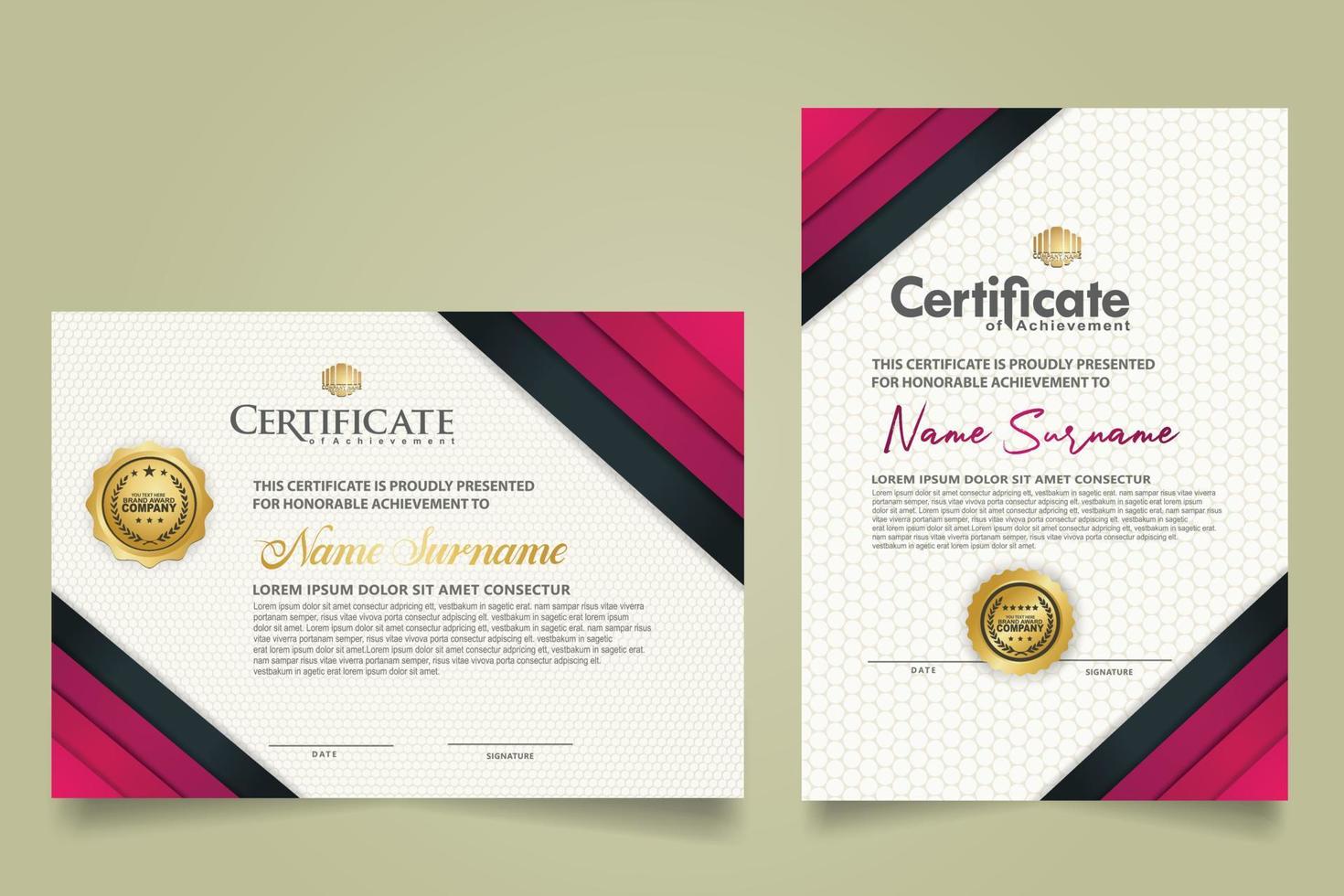 reeks certificaat sjabloon met lint strepen ornament en modern structuur patroon achtergrond. diploma. vector illustratie