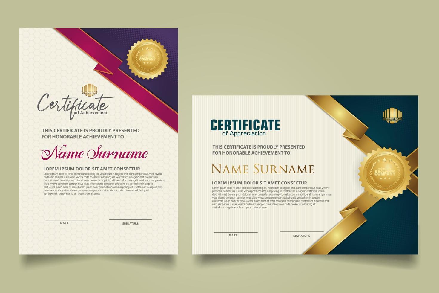 reeks certificaat sjabloon met lint strepen ornament en modern structuur patroon achtergrond. diploma. vector illustratie