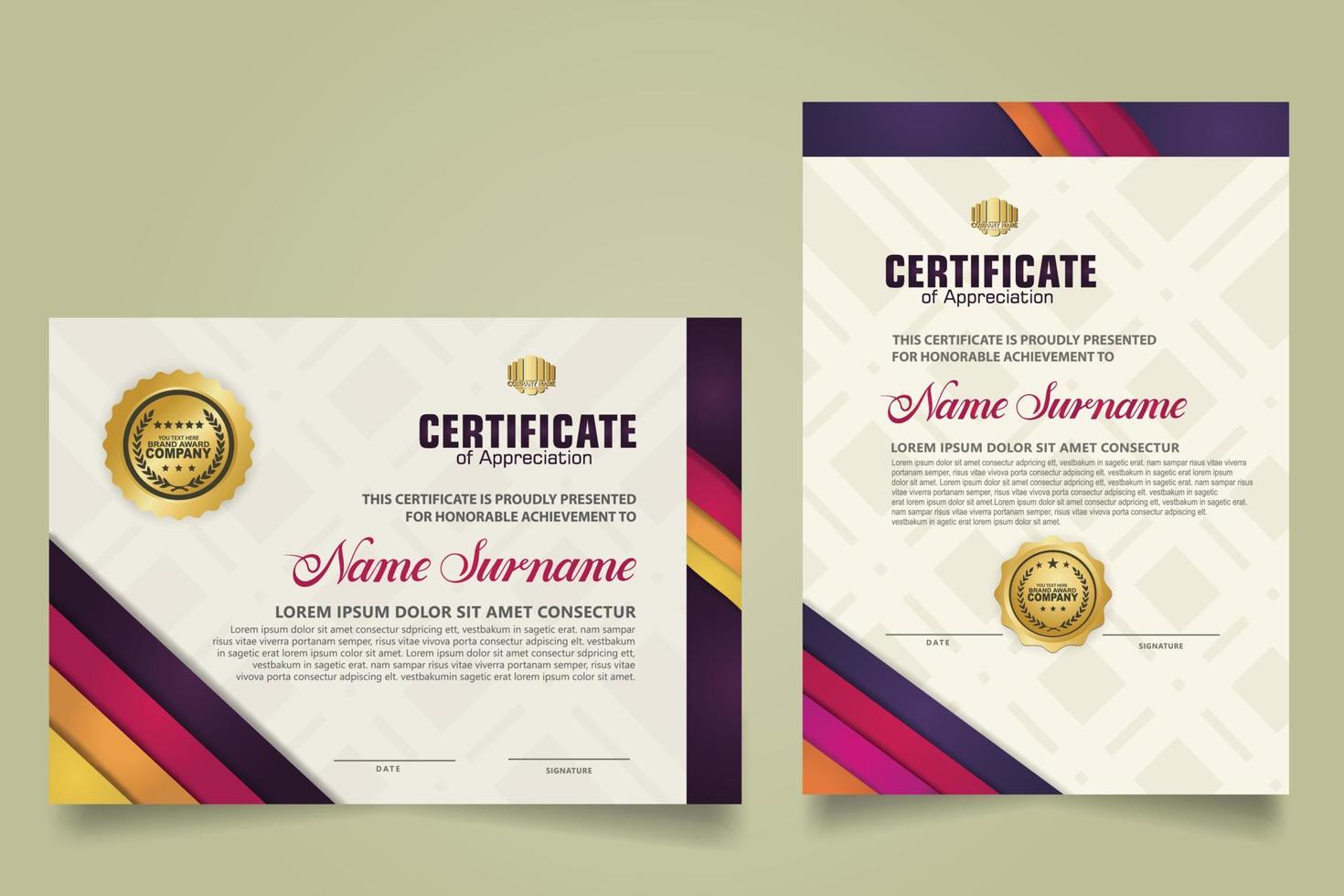 reeks certificaat sjabloon met strepen ornament en modern structuur patroon achtergrond. diploma. vector illustratie