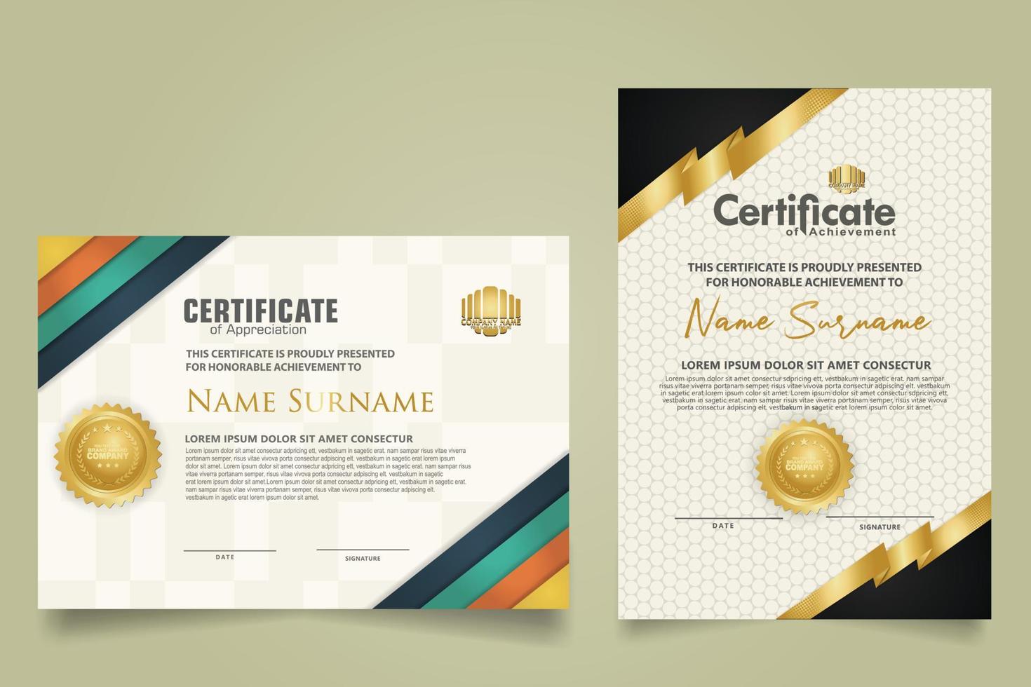 reeks certificaat sjabloon met lint strepen ornament en modern structuur patroon achtergrond. diploma. vector illustratie