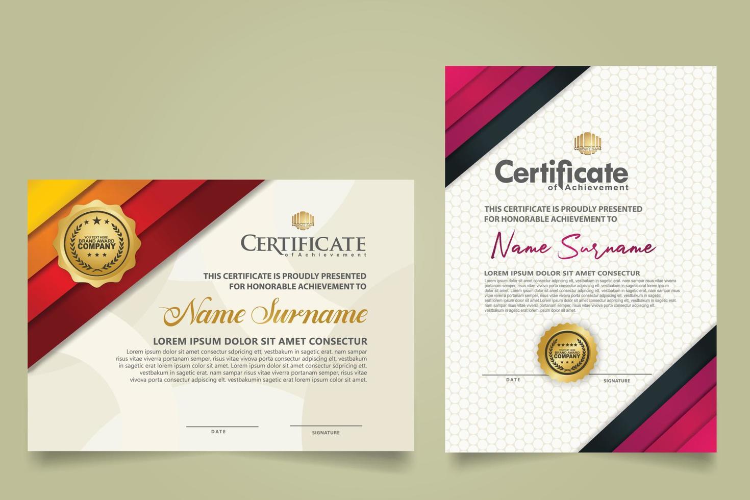 reeks certificaat sjabloon met lint strepen ornament en modern structuur patroon achtergrond. diploma. vector illustratie