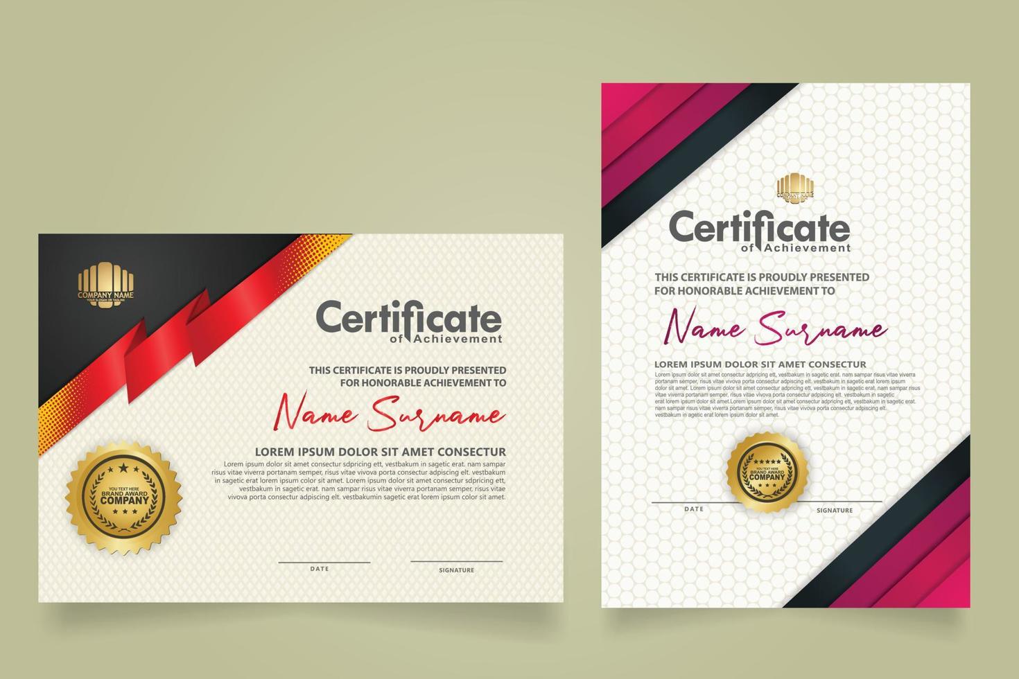 reeks certificaat sjabloon met lint strepen ornament en modern structuur patroon achtergrond. diploma. vector illustratie