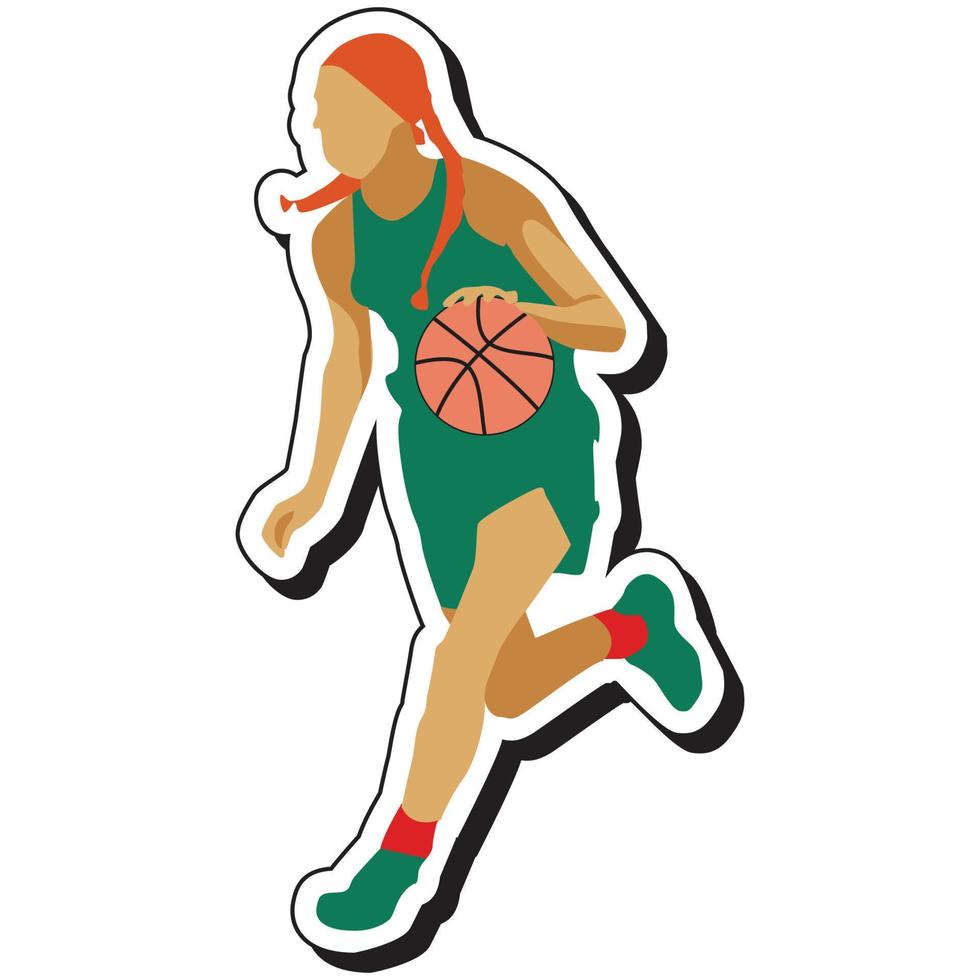 illustratie sticker, basketbal meisje poseren dribbelen vector