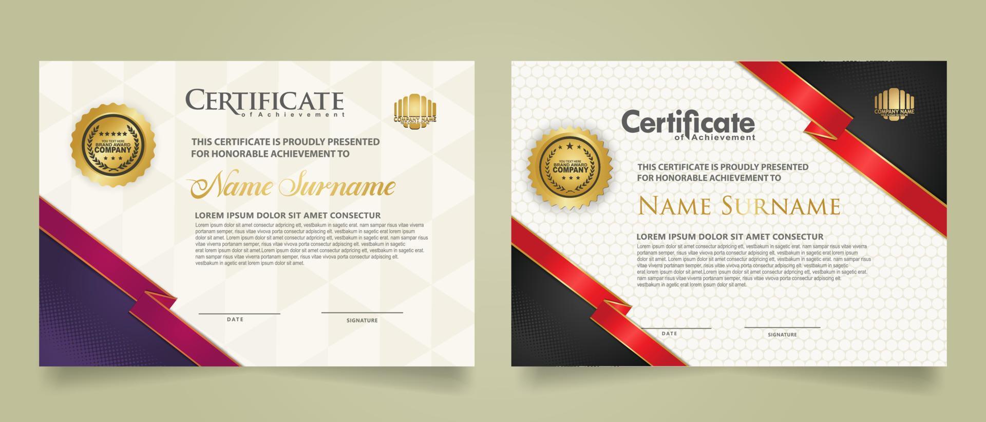 reeks certificaat sjabloon met lint strepen ornament en modern structuur patroon achtergrond. diploma. vector illustratie