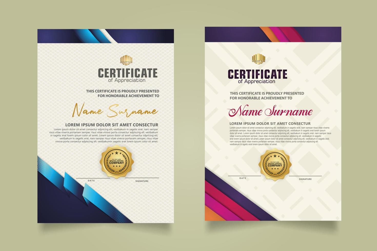 reeks certificaat sjabloon met lint strepen ornament en modern structuur patroon achtergrond. diploma. vector illustratie