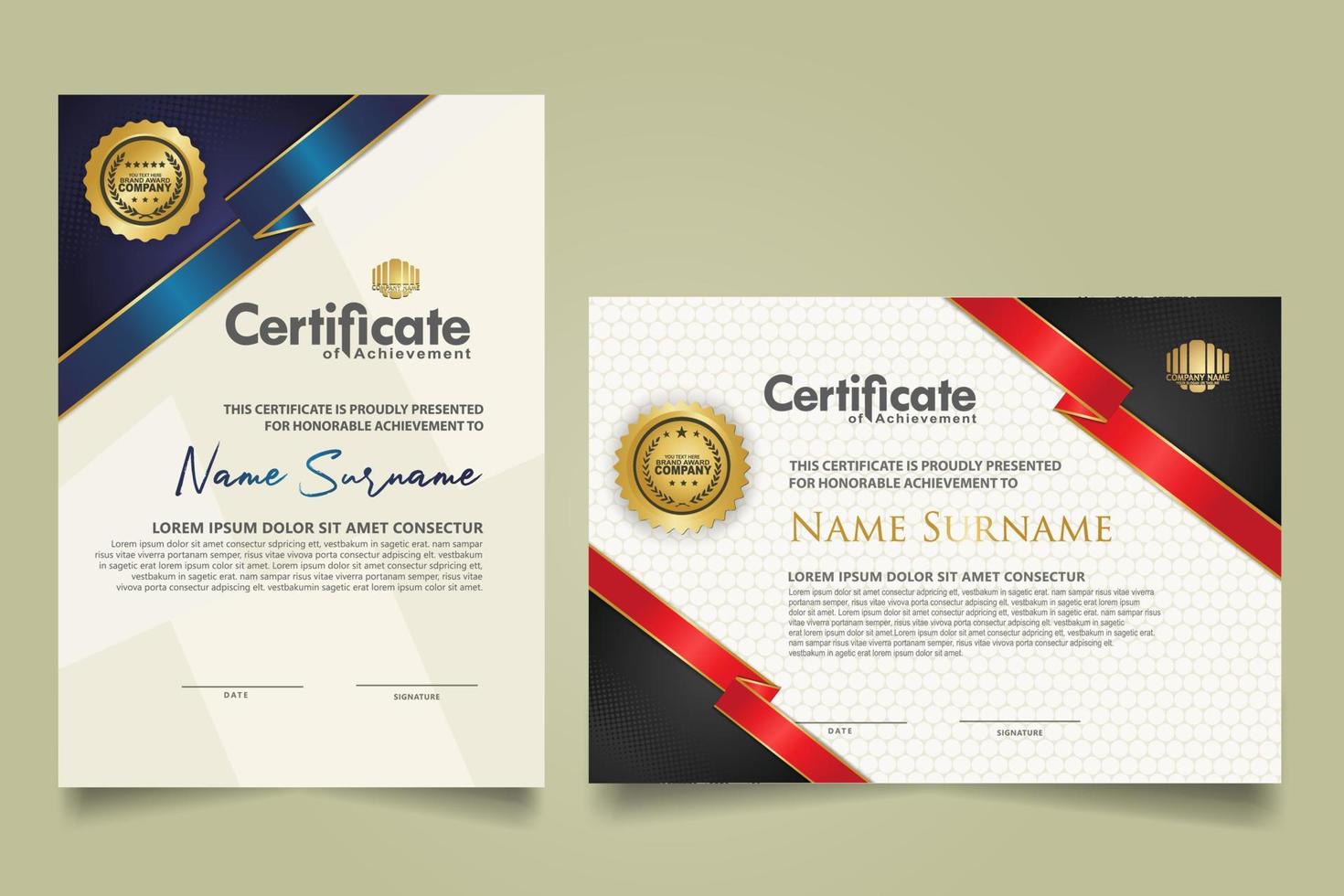 reeks certificaat sjabloon met lint strepen ornament en modern structuur patroon achtergrond. diploma. vector illustratie