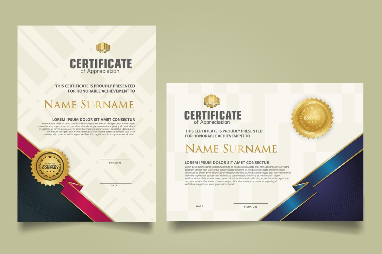 reeks certificaat sjabloon met lint strepen ornament en modern structuur patroon achtergrond. diploma. vector illustratie